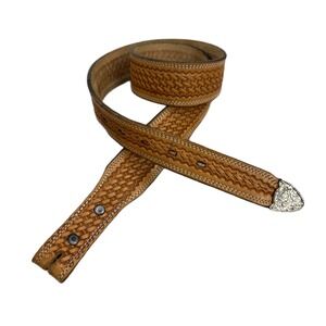 Vtg Nocona Leather Belt 33 Mens Tan Basketweave Ornate Silver Tip Western Cowboy